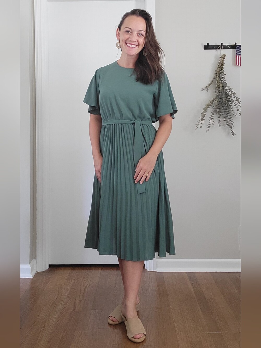 Milumia Green Pleated Midi Dress Flutter Sleeve Belted Size